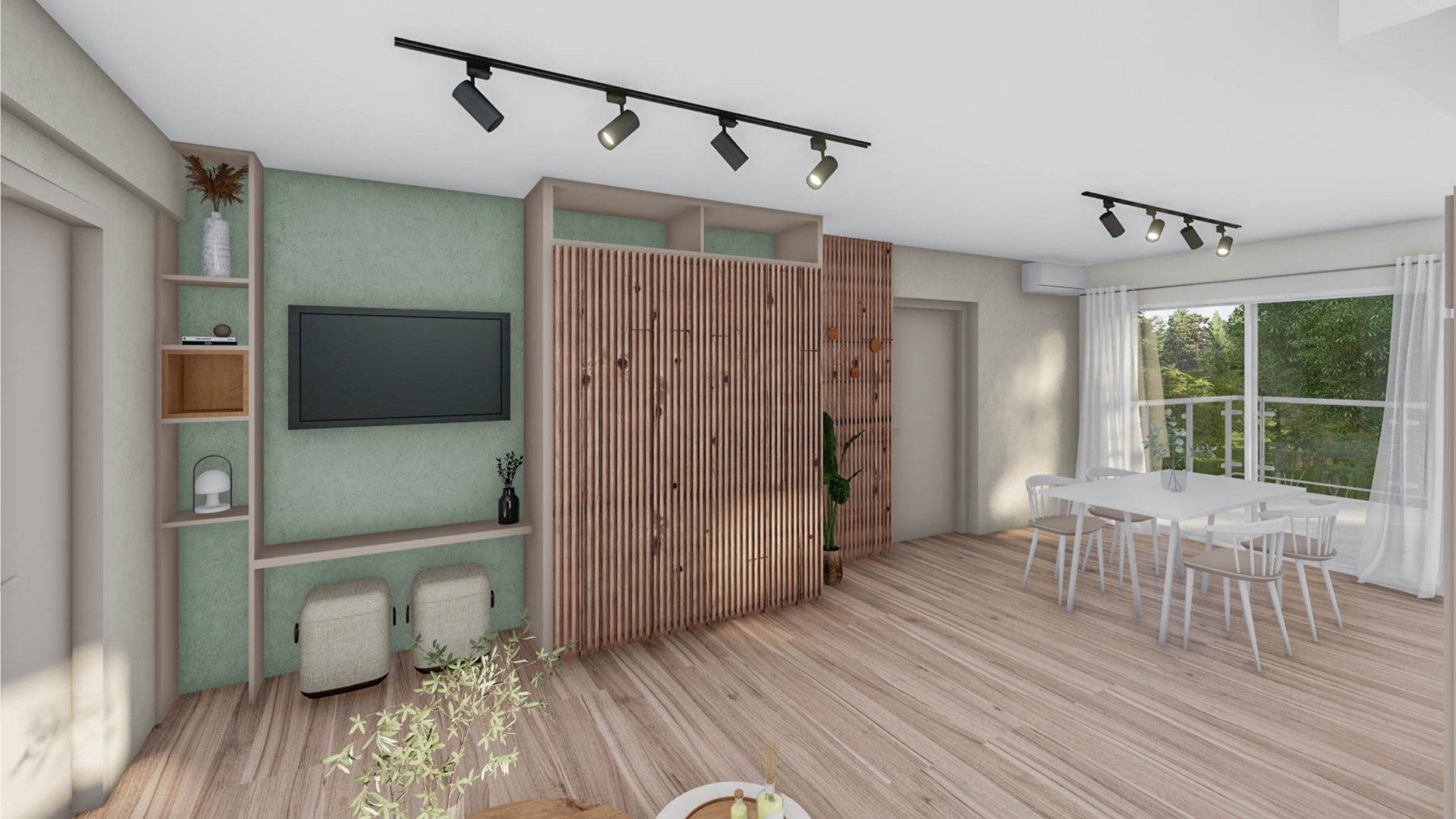 Render del living del dos ambientes