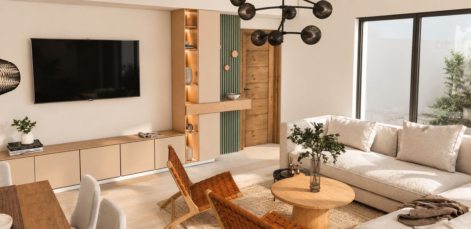 Render del sector de TV y el living