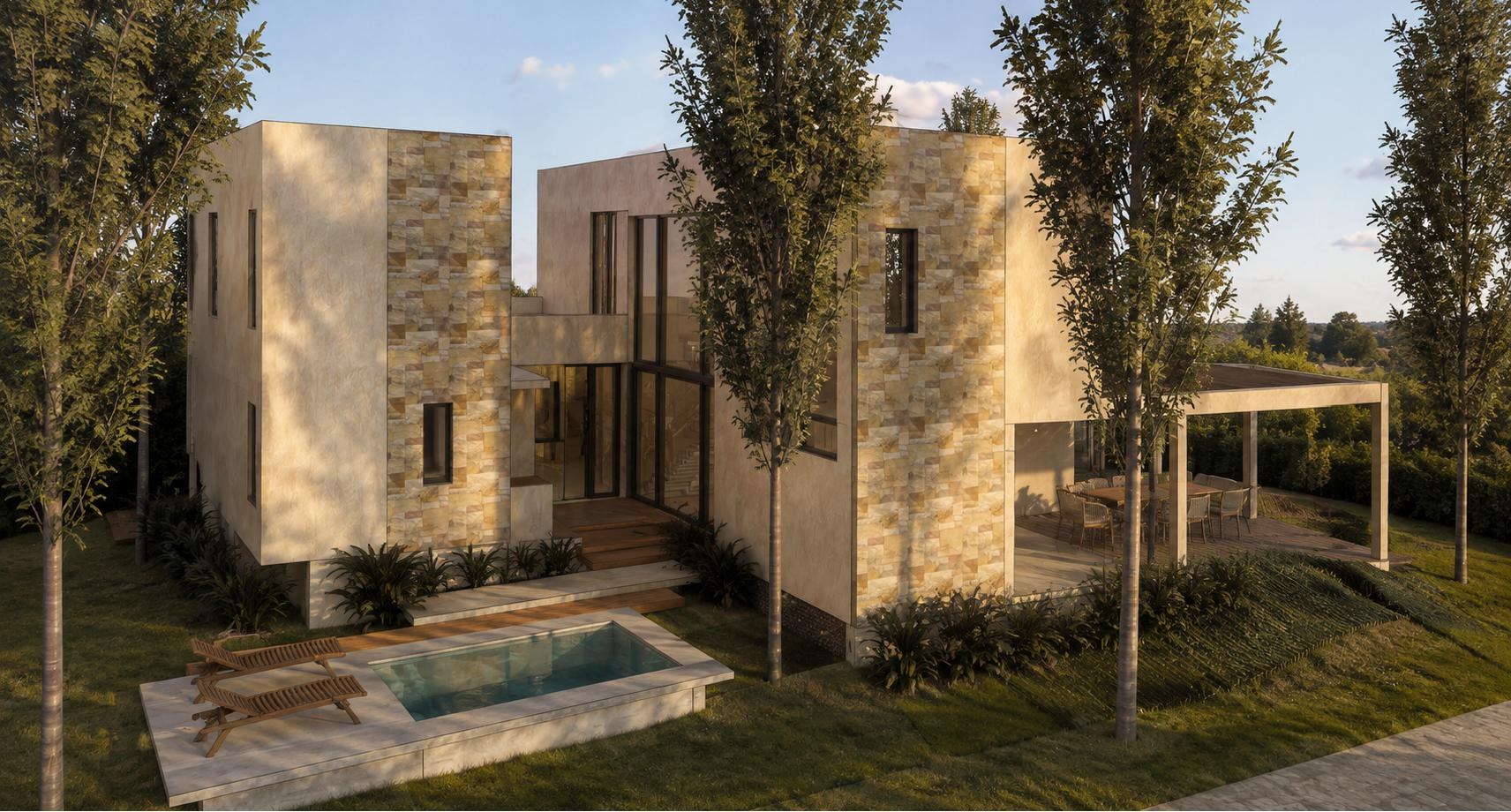 Render de Casa Juana Soria con la pileta