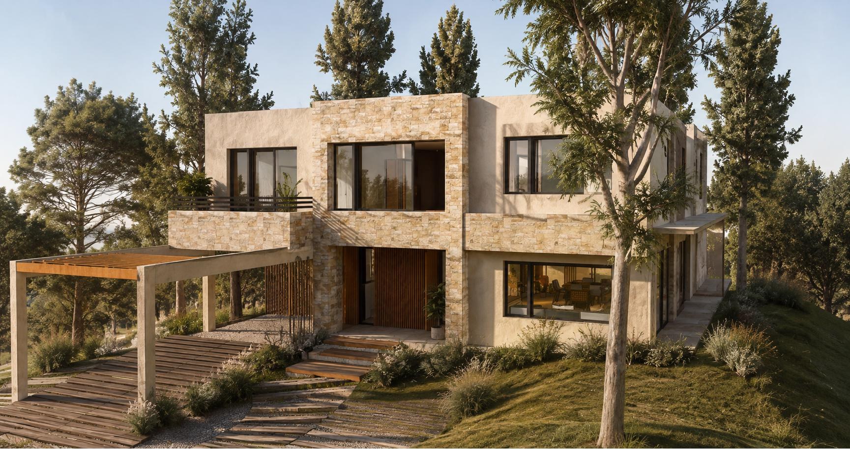 Render del frente con galería y pérgola