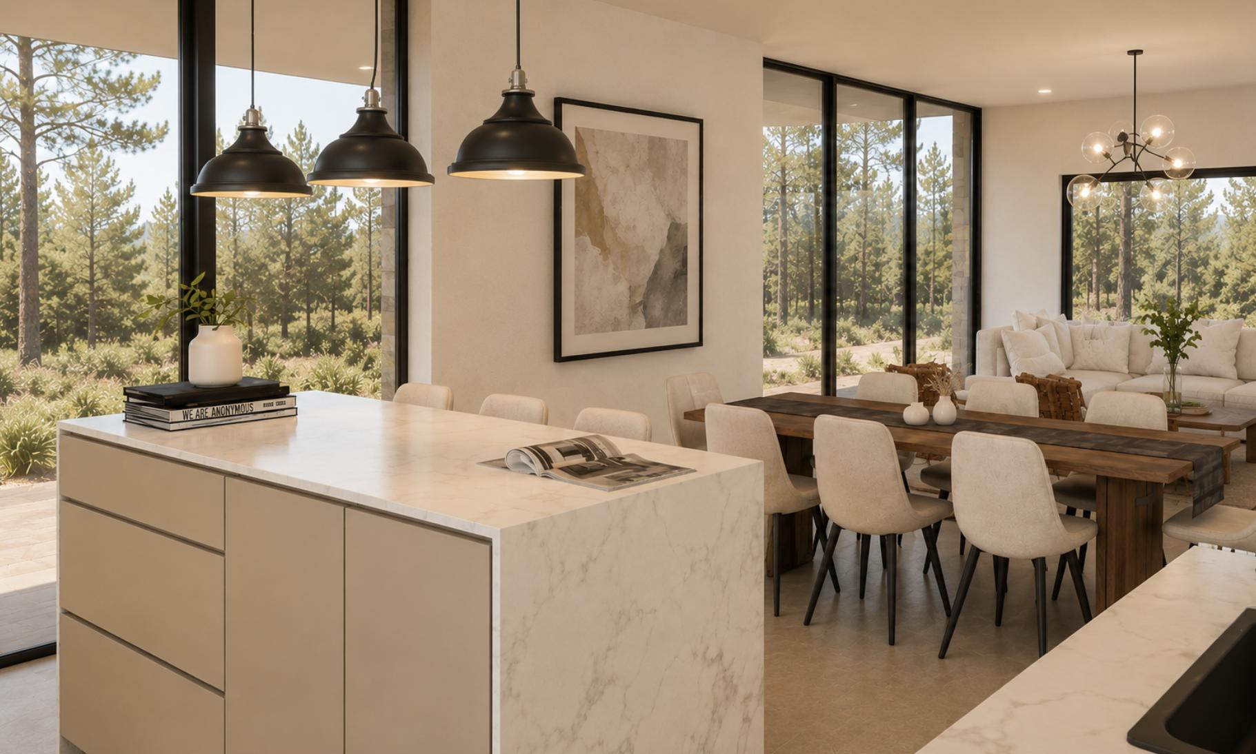 Render de la cocina con isla y el comedor