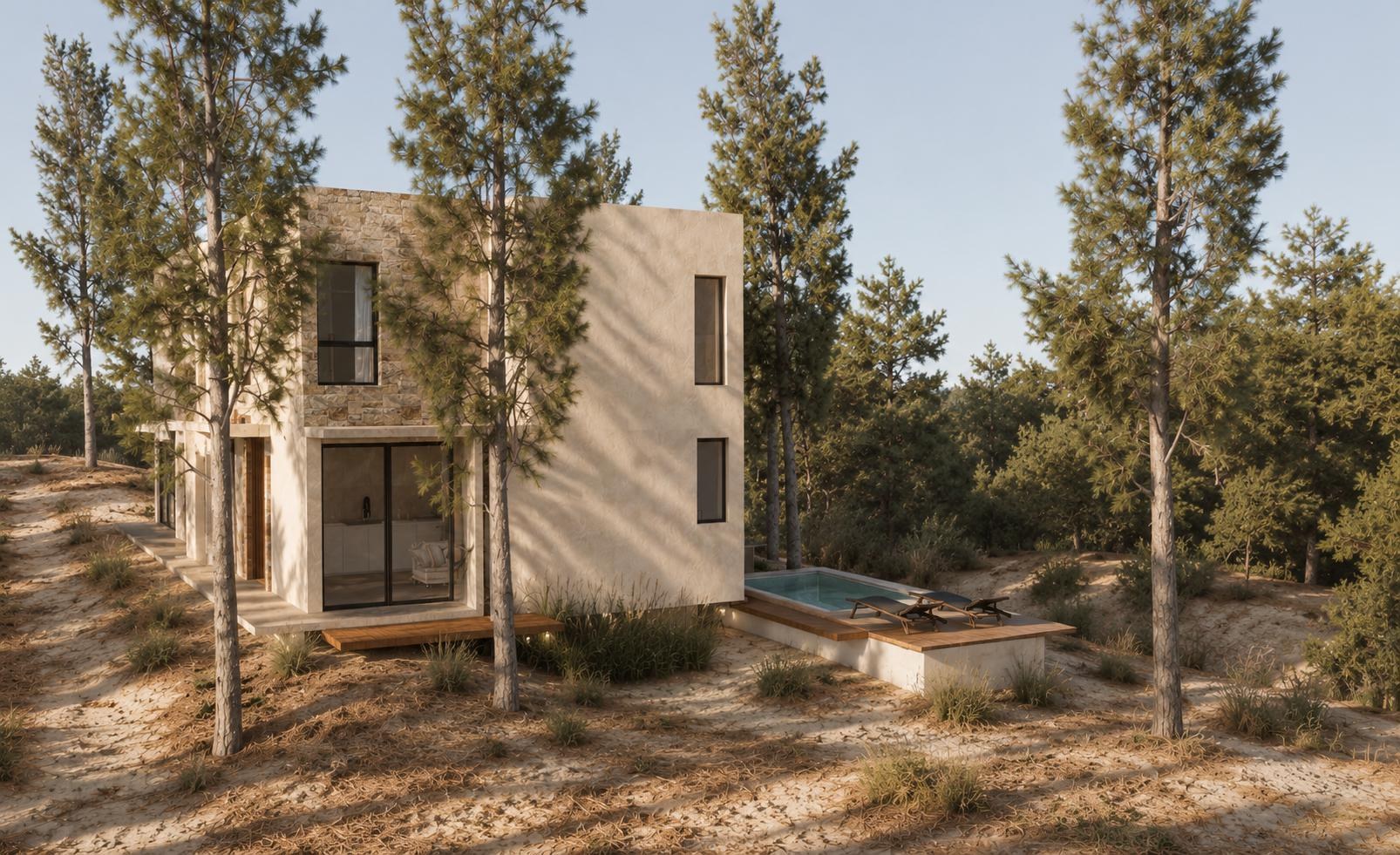 Render lateral de Casa Juana Soria en el bosque