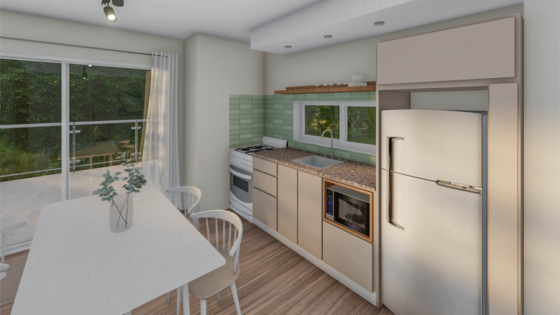 Render de la cocina del dos ambientes