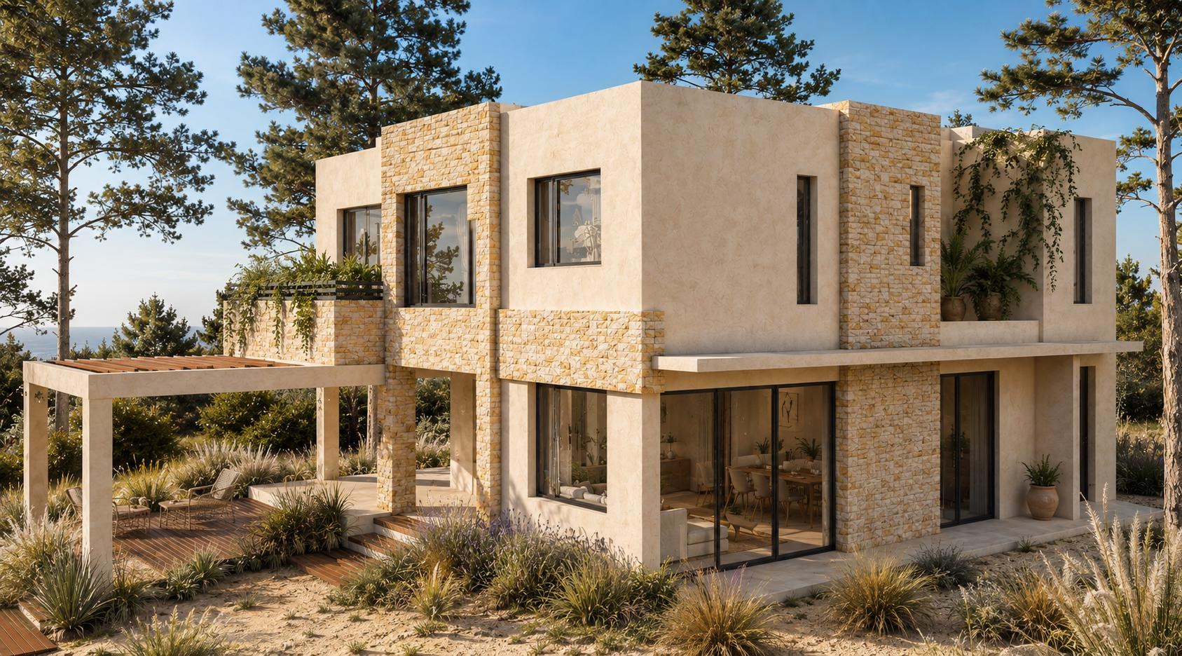 Render de Casa Juana Soria entre los pinos