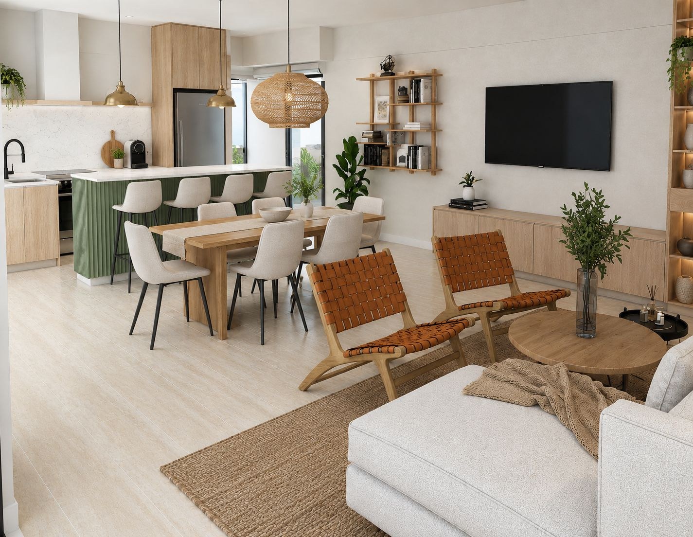Render del comedor y la cocina con isla