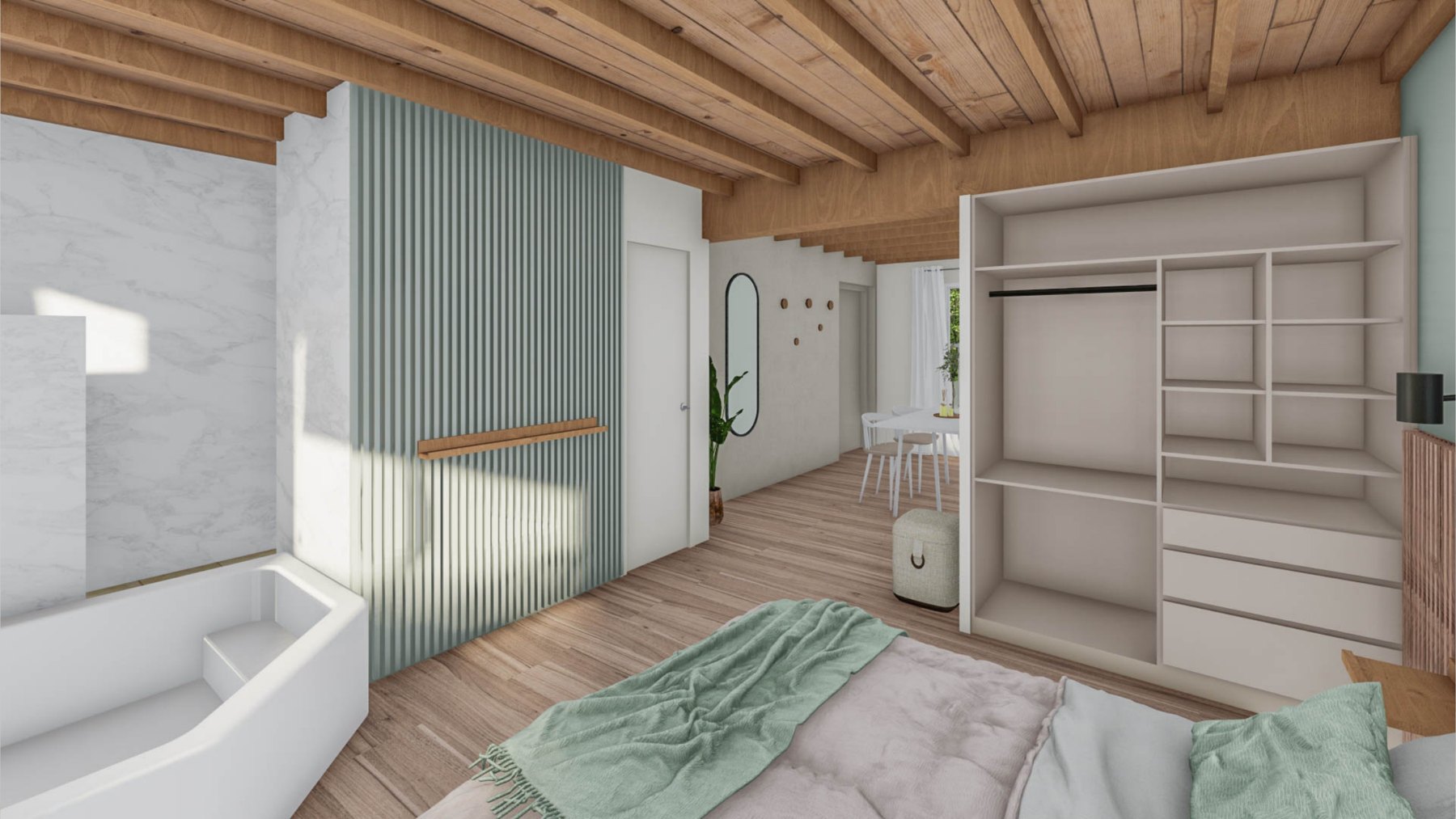 Render del placard y el living del monoambiente