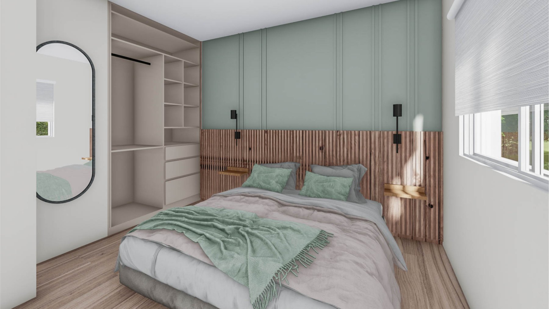 Render del dormitorio del dos ambientes