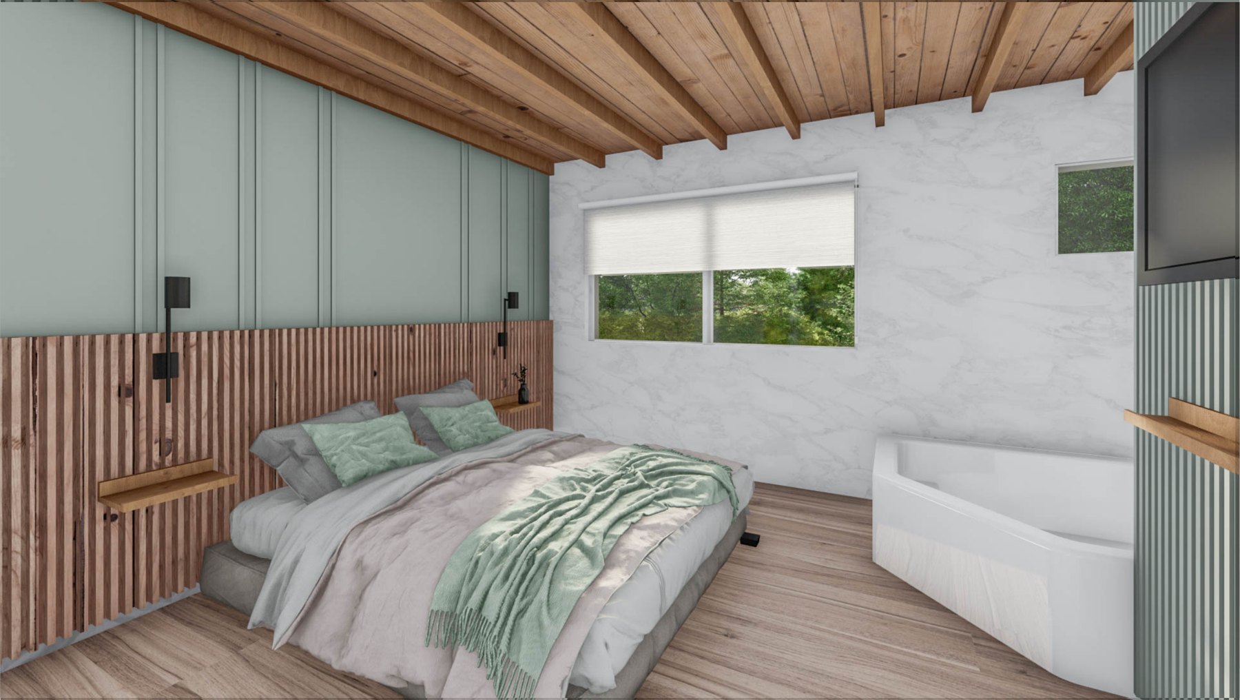 Render del dormitorio del monoambiente