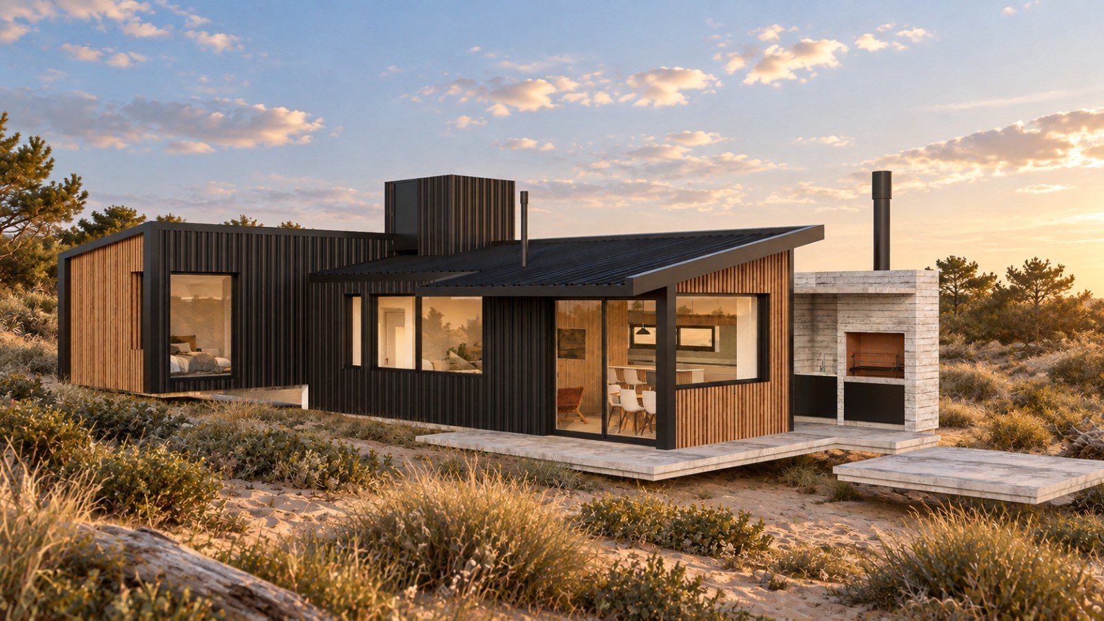 Render de Casa Las Gaviotas con parrilla y deck al atardecer