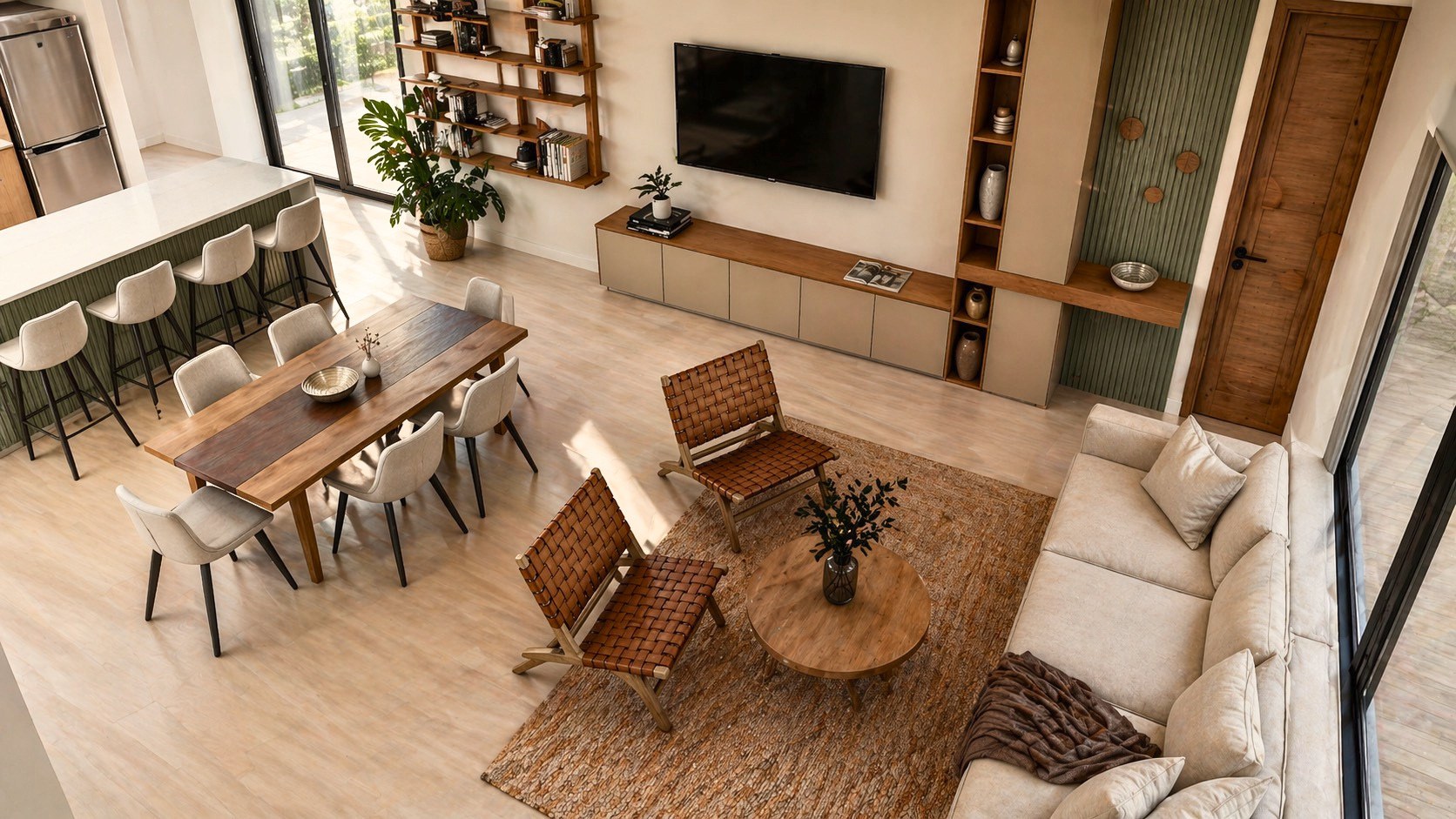 Render del living comedor de Casa Gisela